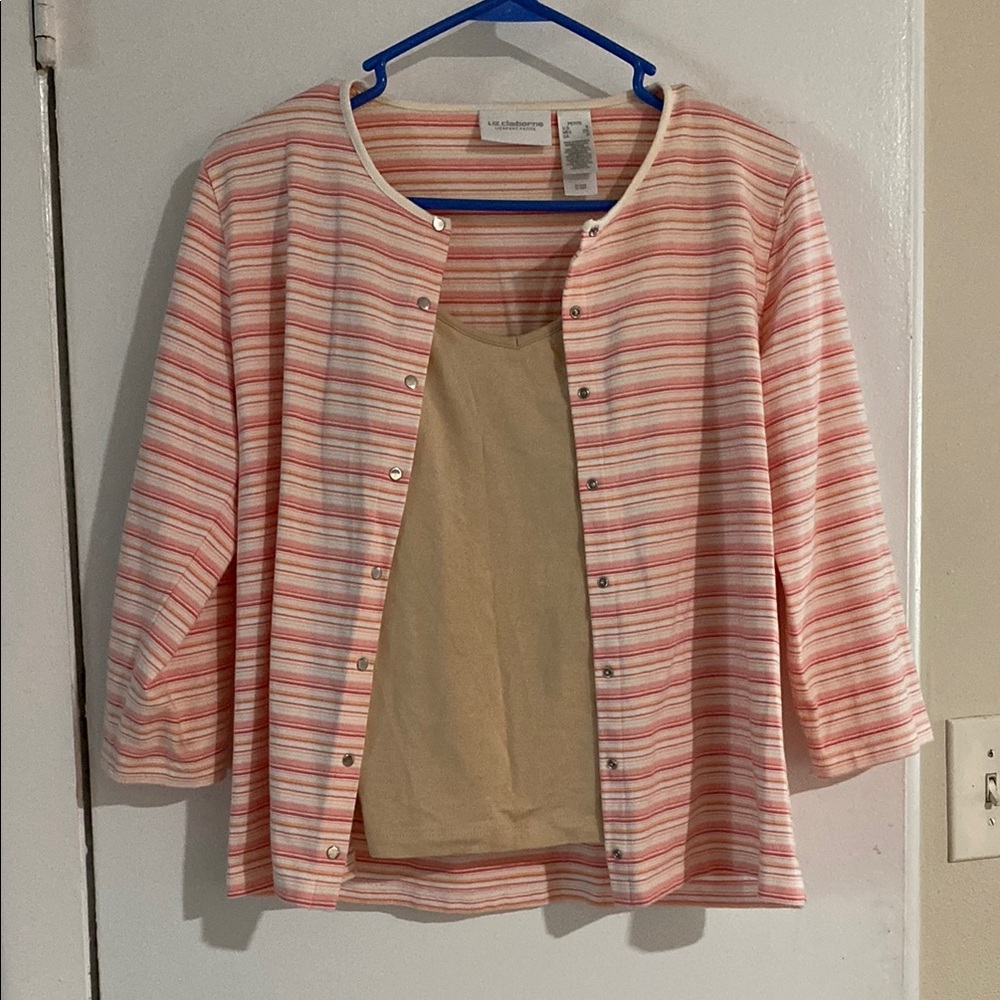 Liz Claiborne Striped Pink and White Cardigan with Old Navy Beige Tank